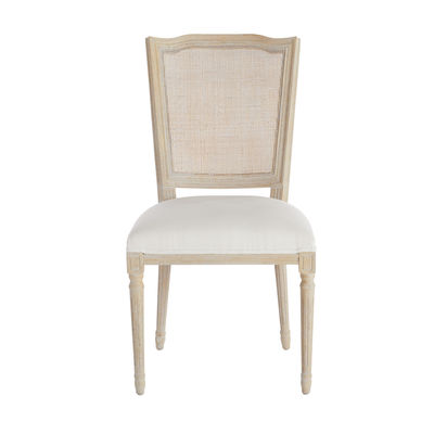 French-Style Dining Chair with Carved Details, Natural Rattan Back, and Linen Upholstered Seat