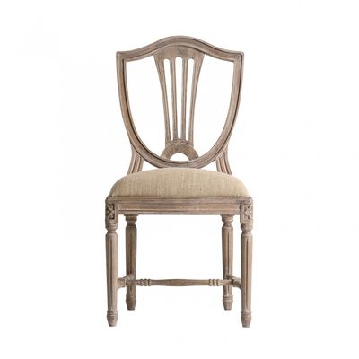 Designer French Style Dining Chairs With Unique Backrest And Linen Upholstered Seat