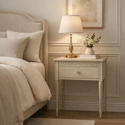 French Cream Solid Wood Nightstand with Tapered Legs – Vintage Bedside Table 56×40×68 cm