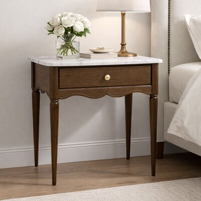 French Style Marble Top Nightstand – Solid Wood Bedside Table with Tapered Legs and Drawer