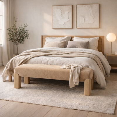 Nordic Solid Oak Upholstered Bench with Minimalist Bouclé Fabric and 130×40×45 cm Dimension