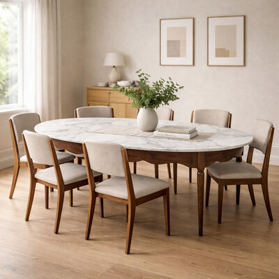 French Style Oval Marble Dining Table with Solid Wood Base – Vintage 160×90×75 cm Dining Room Table