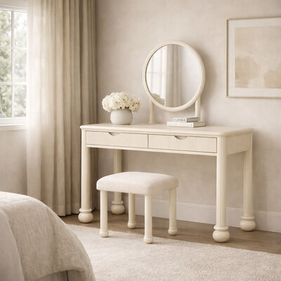 Lunara Solid Wood Vanity Table with Integrated Round Mirror and Spacious Drawers